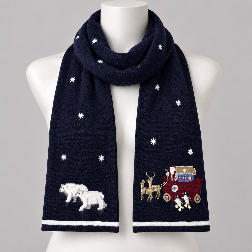 Christopher & Banks Embroidered Christmas Scarf Polar Bear Santa Reindeer 2003